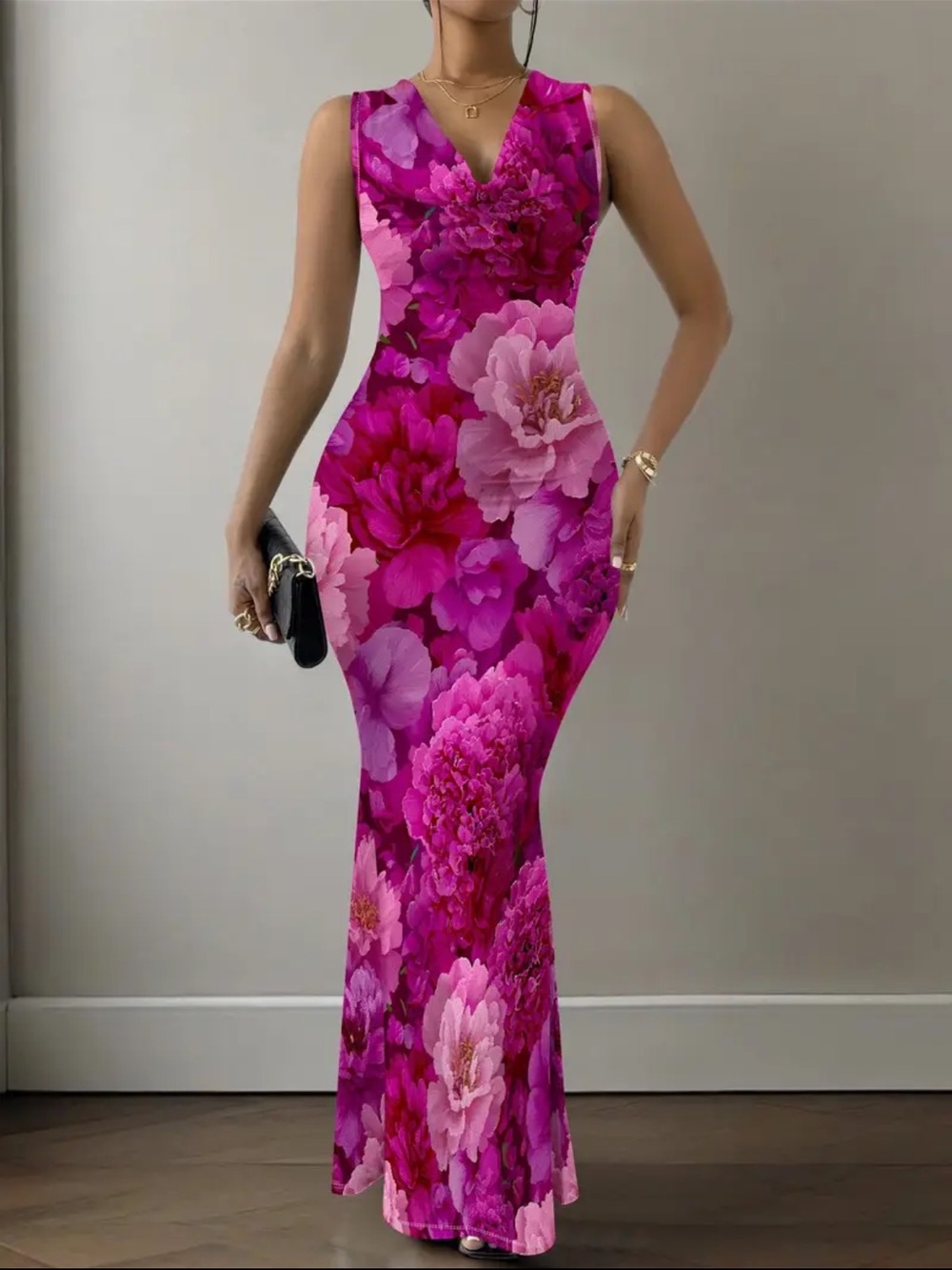 Sleeveless V-Neck Floral Maxi Dress in Vibrant Pink